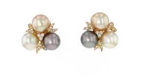 C. 1980 Vintage 11mm Multicolored Cultured Pearl and .55 ct. t.w. Diamond Cluster Earrings in 18kt Yellow Gold
