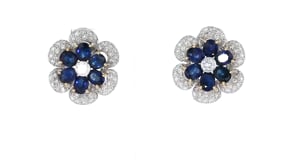 C. 1980 Vintage 7.20 ct. t.w. Sapphire and 2.70 ct. t.w. Diamond Flower Earrings in 18kt Two-Tone Gold