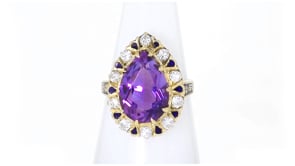 C. 1960 Vintage 4.40 Carat Amethyst and .50 ct. t.w. Diamond Ring with Blue Enamel in 14kt Yellow Gold
