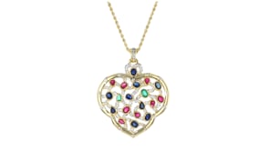 C. 1980 Vintage 5.90 ct. t.w. Multi-Gemstone and 1.15 ct. t.w. Diamond Openwork Heart Pendant Necklace in 18kt Yellow Gold
