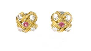 C. 1970 Vintage Moonstone and 2.00 ct. t.w. Pink Tourmaline Woven Earrings in 18kt Yellow Gold