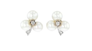 C. 1960 Vintage 8.5-8.75mm Cultured Pearl and .58 ct. t.w. Diamond Clover Earrings in 14kt White Gold
