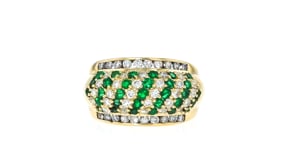 C. 1980 Vintage 1.23 ct. t.w. Diamond and 1.12 ct. t.w. Emerald Striped Ring in 18kt Yellow Gold