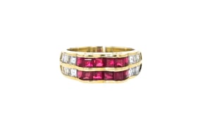 C. 1980 Vintage 1.79 ct. t.w. Ruby and 1.05 ct. t.w. Diamond Scalloped Ring in 18kt Yellow Gold