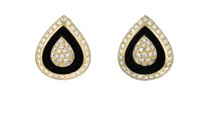 C. 1980 Vintage Onyx and 4.70 ct. t.w. Diamond Teardrop Earrings in 18kt Yellow Gold