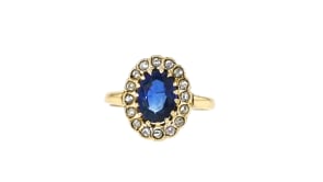 C. 1930 Vintage 1.38 Carat Sapphire Ring with .25 ct. t.w. Diamonds in 14kt Yellow Gold