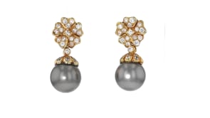 C. 1990 Vintage 11-11.5mm Gray Cultured Pearl and 1.10 ct. t.w. Diamond Flower Drop Earrings in 14kt Yellow Gold