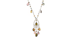 C. 1990 Vintage 28.75 ct. t.w. Multi-Gemstone Bead and .35 ct. t.w. Diamond Drop Necklace in 18kt Yellow Gold