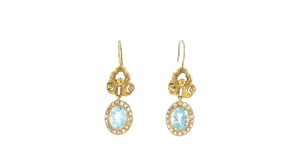 C. 1940 Vintage 3.50 ct. t.w. Aquamarine and .55 ct. t.w. Diamond Drop Earrings in 10kt Yellow Gold