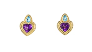 C. 1980 Vintage 4.00 ct. t.w. Amethyst and 1.00 ct. t.w. Sky Blue Topaz Heart Earrings in 18kt Yellow Gold