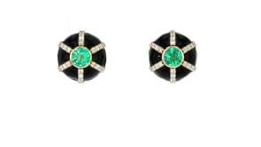 C. 1990 Vintage .64 ct. t.w. Emerald and .40 ct. t.w. Diamond Earrings with Black Enamel in 18kt Yellow Gold