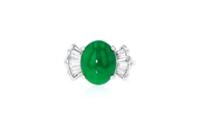 C. 1990 Vintage Jade and .40 ct. t.w. Baguette Diamond Ring in 18kt White Gold