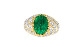 C. 1990 Vintage 3.98 Carat Emerald and 1.21 ct. t.w. Diamond Ring in Platinum and 18kt Yellow Gold