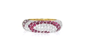 C. 1980 Vintage 1.20 ct. t.w. Ruby and 1.10 ct. t.w. Diamond Swirl Ring in 18kt Yellow Gold