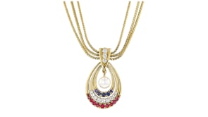 C. 1980 Vintage Mikimoto 8mm Cultured Pearl, 1.35 ct. t.w. Multi-Gemstone and .28 ct. t.w. Diamond Necklace in 18kt Yellow Gold