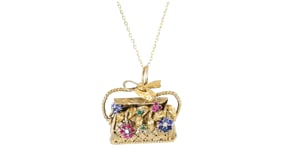 C. 1980 Vintage .48 ct. t.w. Multi-Gemstone Flower Basket Pendant Necklace with Diamond Accents in 18kt Yellow Gold