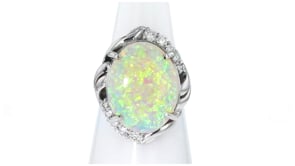 C. 1990 Vintage Opal and .48 ct. t.w. Diamond Ring in Platinum