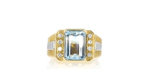 C. 1980 Vintage 3.30 Carat Aquamarine and .17 ct. t.w. Diamond Ring in Platinum and 18kt Yellow Gold