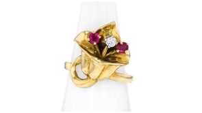 C. 1960 Vintage .10 Carat Diamond and .25 ct. t.w. Ruby Flower Ring in 14kt Yellow Gold