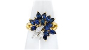 C. 1980 Vintage 2.11 ct. t.w. Sapphire and .44 ct. t.w. Diamond Cluster Ring in 18kt Yellow Gold
