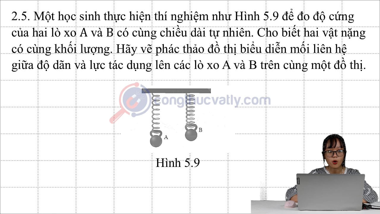 Một học sinh thực hiện thí nghiệm như Hình 5.9 để đo độ cứng của hai lò xo A và B có cùng chiều dài tự nhiên.