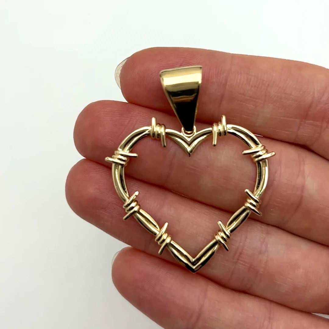 14K Gold Barbed Wire Open Heart Pendant 1.8