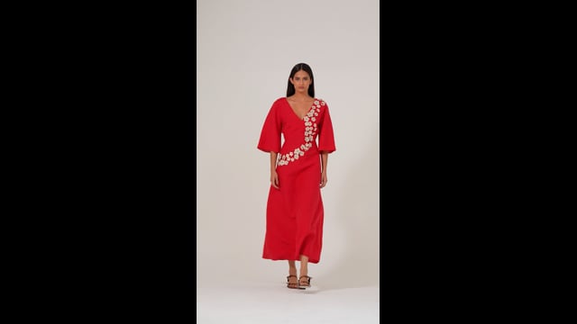 Vestido Flores Manga Vermelho