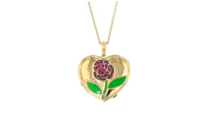 .20 ct. t.w. Ruby Rose Heart Locket Necklace with Green Enamel in 18kt Gold Over Sterling