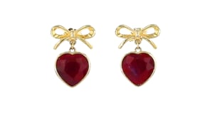 9.00 ct. t.w. Bezel-Set Ruby Heart and Bow Drop Earrings in 18kt Gold Over Sterling