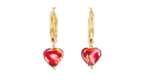 Italian Pink and Red Murano Glass Heart Hoop Drop Earrings in 18kt Gold Over Sterling