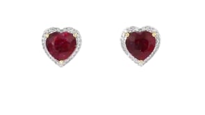 5.50 ct. t.w. Ruby and .23 ct. t.w. Diamond Heart Earrings in 18kt Gold Over Sterling
