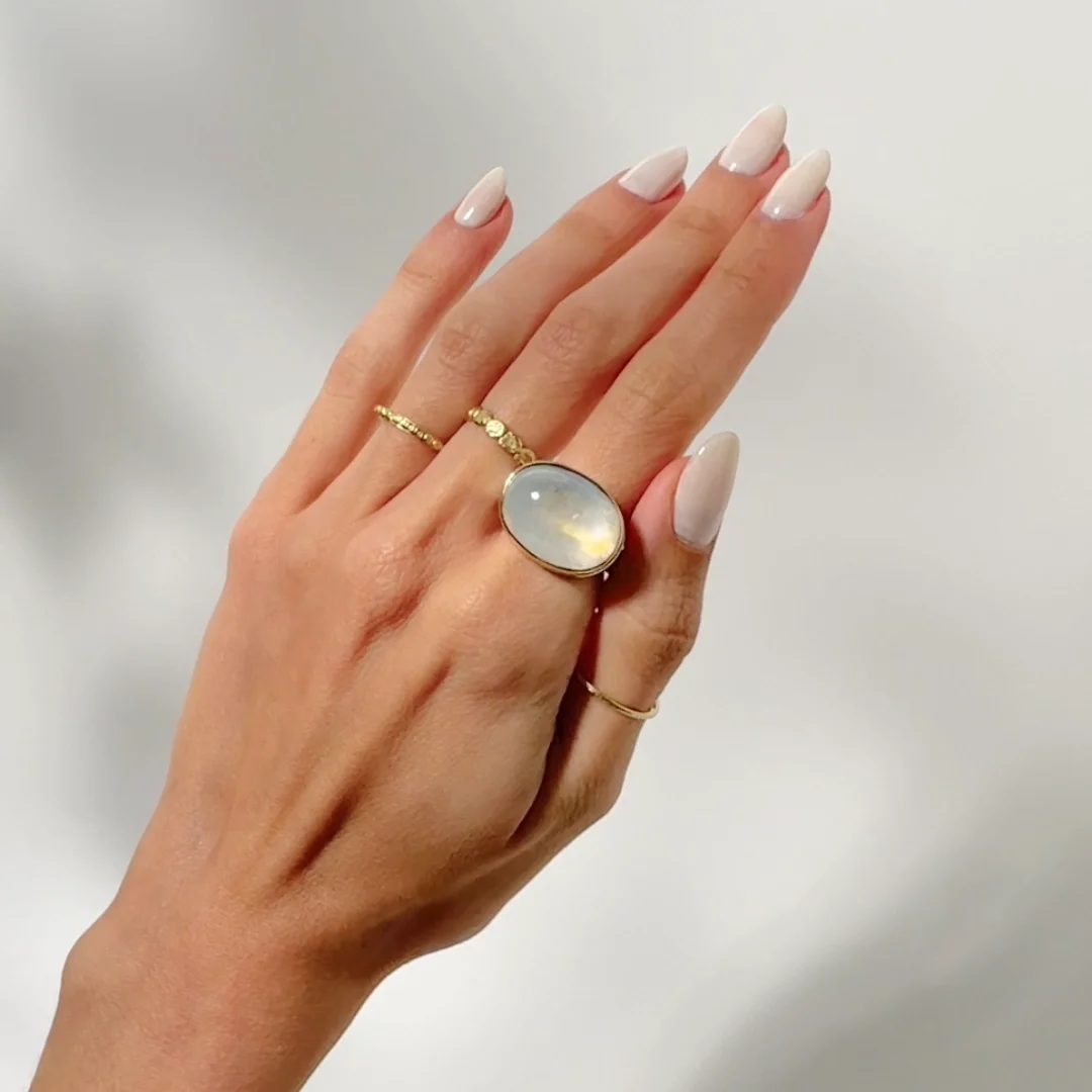 Oval Smooth White Rainbow Moonstone Ring by Jamie Joseph