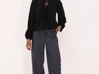 dark blue wide leg trousers with stripes