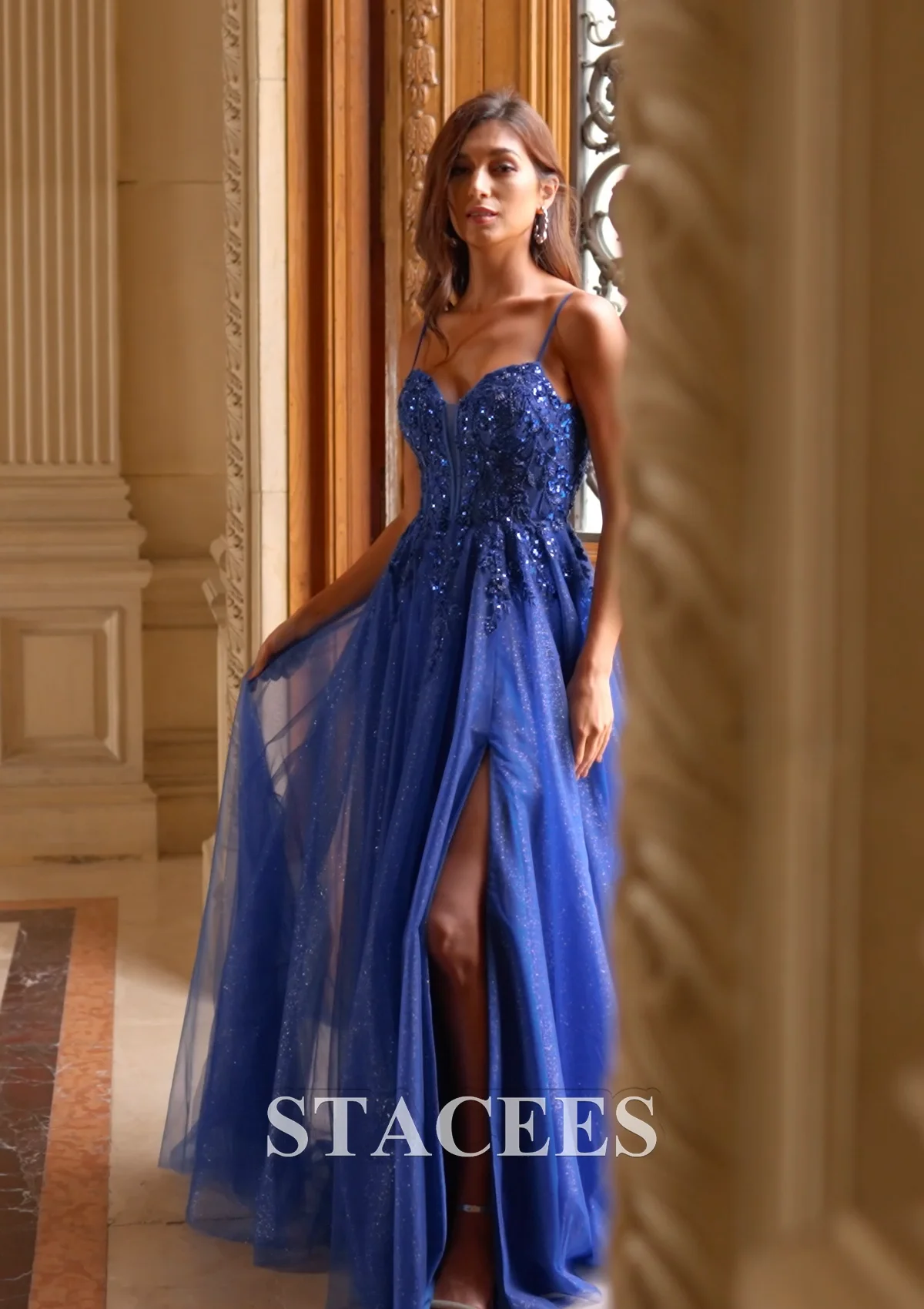 Stacees 2026 Sky Blue A-line Glitter Prom Dress with Spaghetti Straps Corset Slit