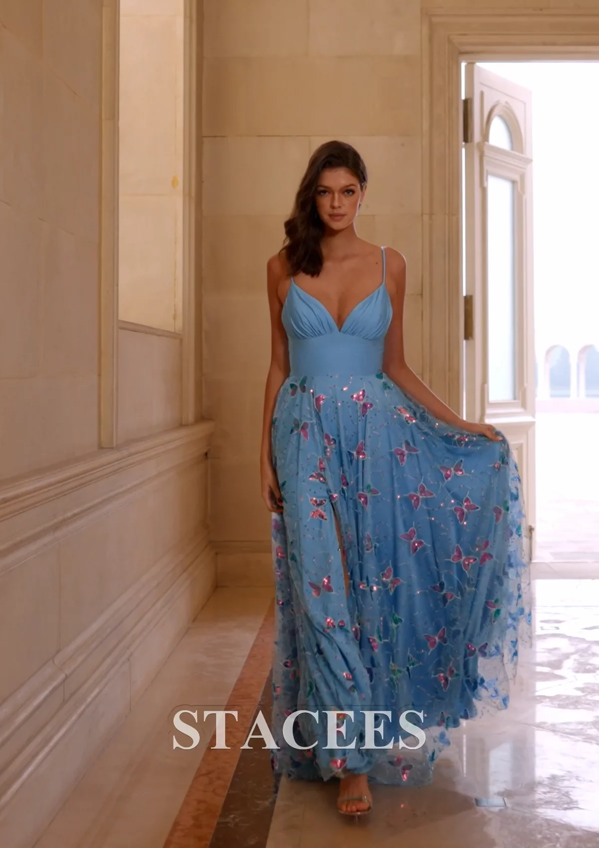 A-line V Neck Butterfly Applique Jersey Slit Prom Dress