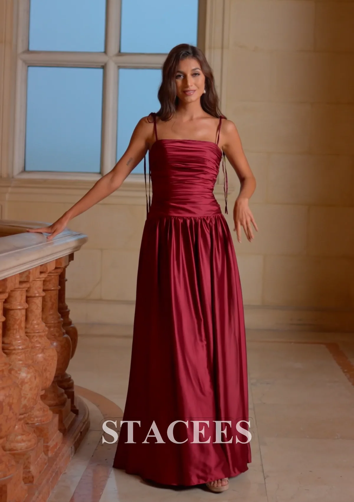 A-line Square Neckline Satin Floor-Length Pleated Prom Dress