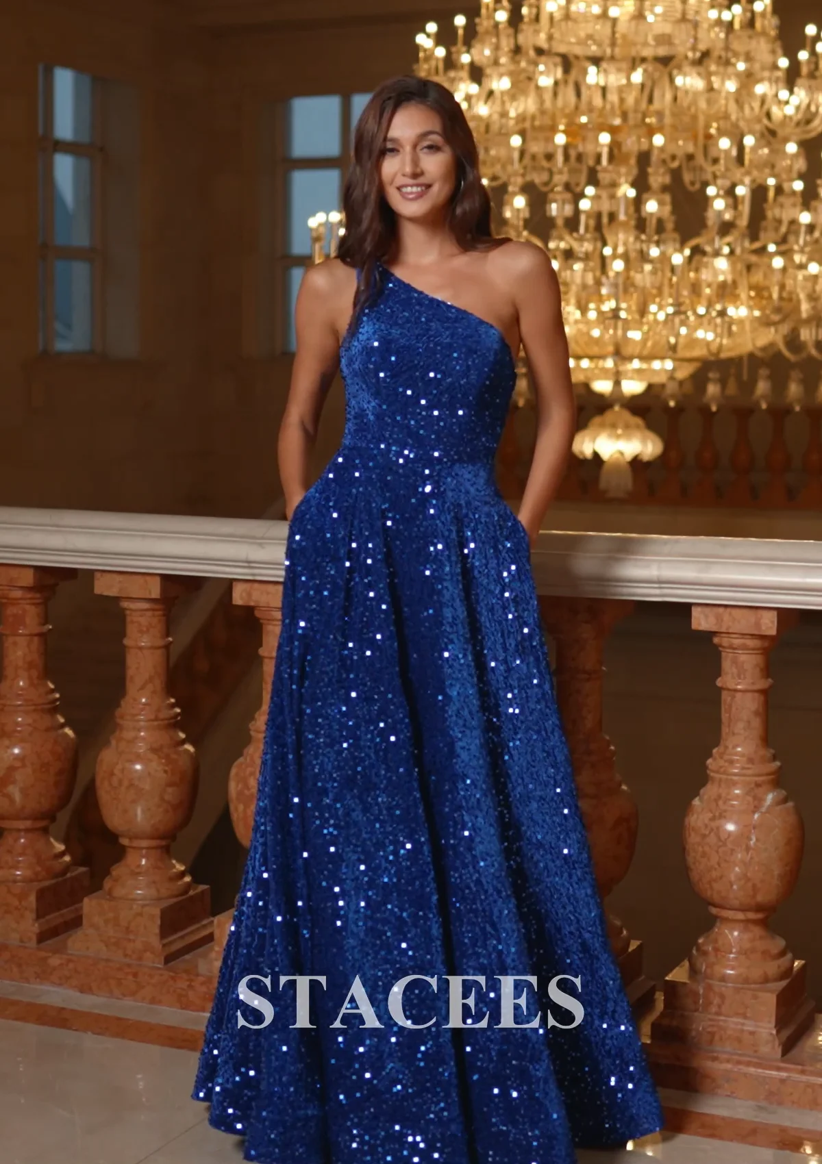 A-line One-Shoulder Velvet Sequins Floor-Length Prom Dress