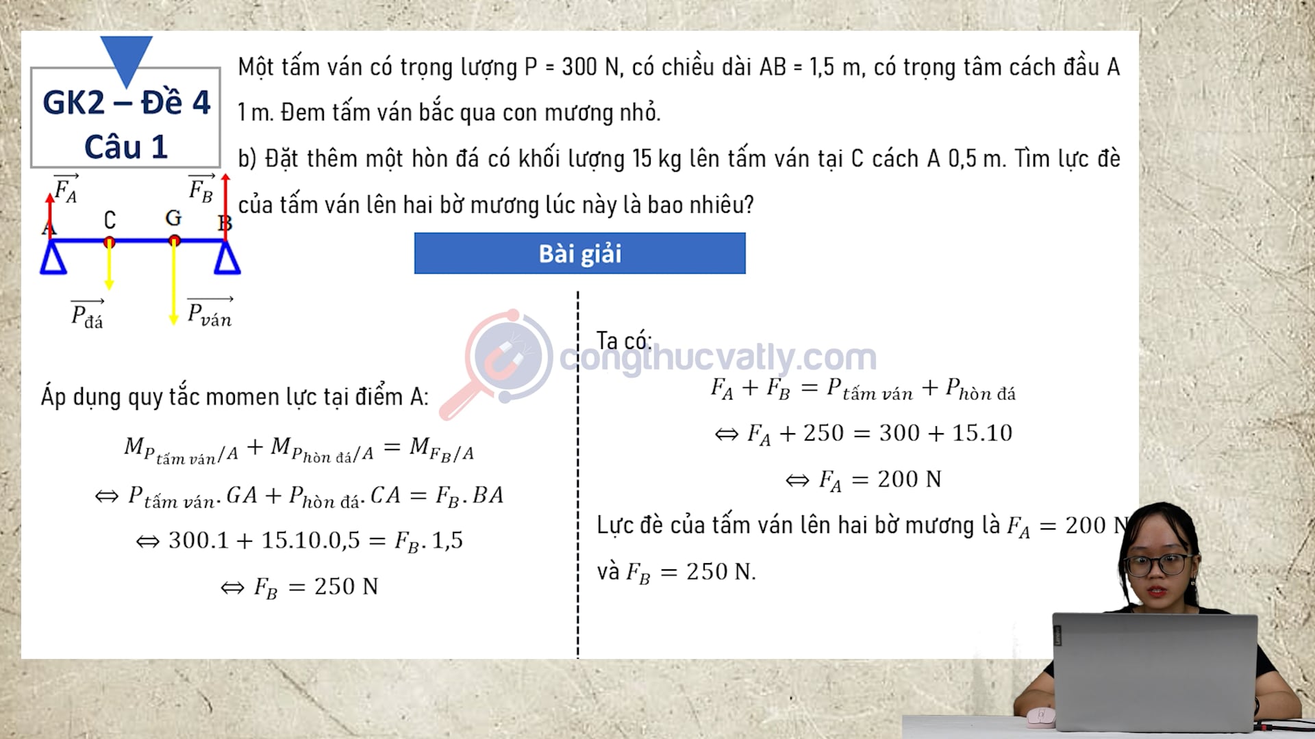 Một tấm ván có trọng lượng P = 300 N, có chiều dài AB = 1,5 m, có trọng tâm cách đầu A 1 m.