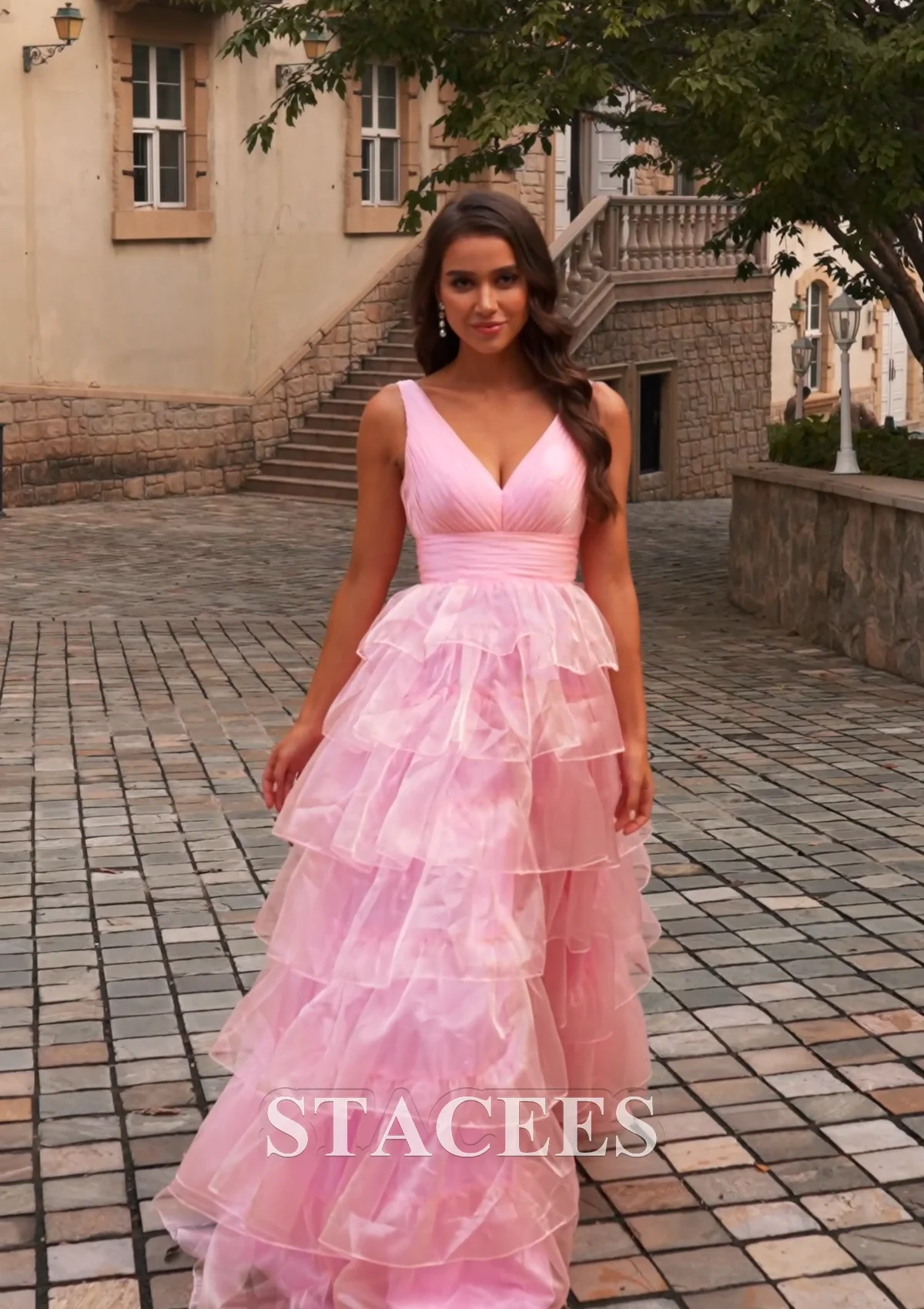 STACEES Sparkle Pleated V Neck Organza Ball Gown Long Ruffle Slit Prom  Dress S8338P