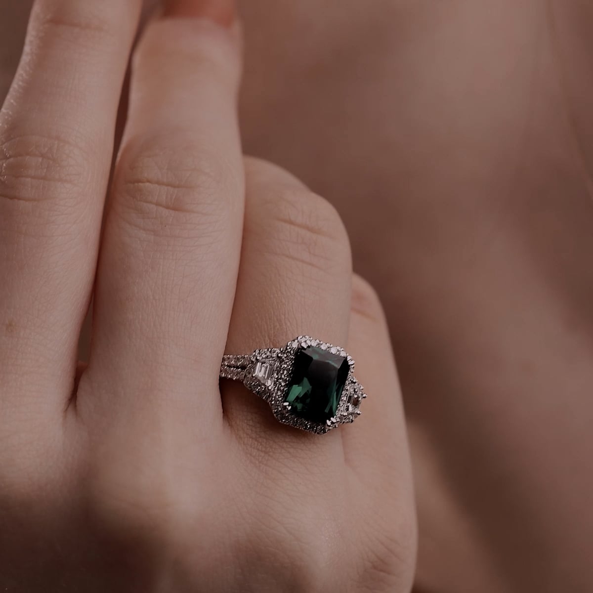 product video 2 for 3 1/4 ctw Radiant Cut Emerald with Round & Trapezoid Lab Grown Diamond Side Stone Engagement Ring