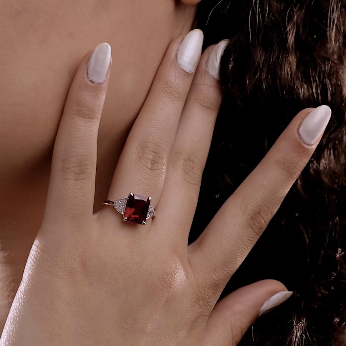 product video 2 for 10x8mm Radiant Cut Created Ruby and 5/8 ctw Lab Grown Diamond Three-Stone Engagement Ring
