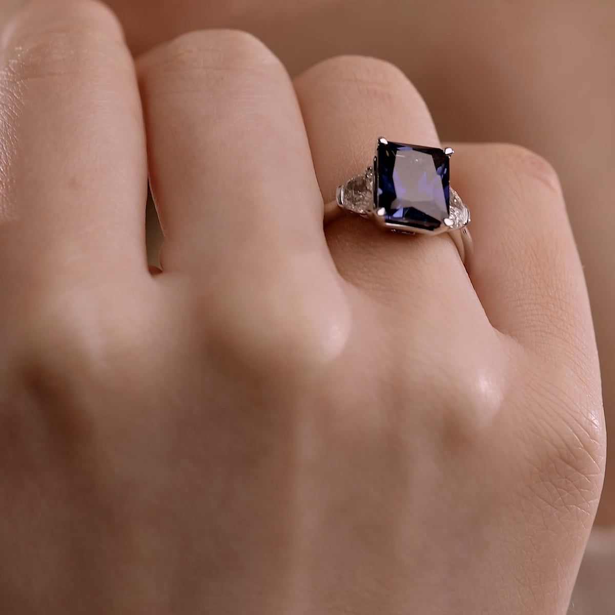 10x8mm Radiant Cut Created Sapphire and 5/8 ctw Lab Grown Diamond Three-Stone Engagement Ring 14K Yellow Gold