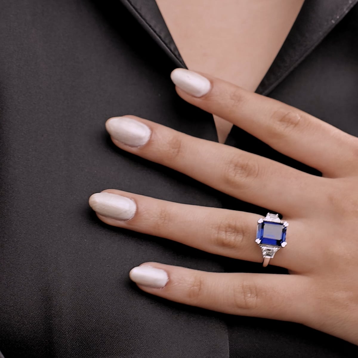 product video 2 for 6 ctw Emerald Cut Sapphire and Trapezoid Lab Grown Diamond Three-Stone Engagement Ring