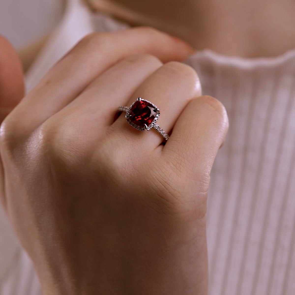 product video 2 for 8 mm Cushion Cut Created Ruby and 2/5 ctw Lab Grown Diamond Halo Engagement Ring