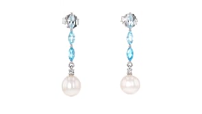 7-7.5mm Cultured Pearl and 1.00 ct. t.w. Sky Blue Topaz Drop Earrings with White Topaz in Sterling Silver
