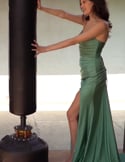 Video: Satin gown with draped bodice and dropped sleeves