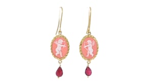 Italian Pink Porcelain Cupid Cameo Drop Earrings with 4.00 ct. t.w. Rhodolite Garnets in 18kt Gold Over Sterling
