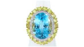 20.00 Carat Swiss Blue Topaz Ring with 3.20 ct. t.w. Peridots and .30 ct. t.w. White Topaz in 18kt Gold Over Sterling