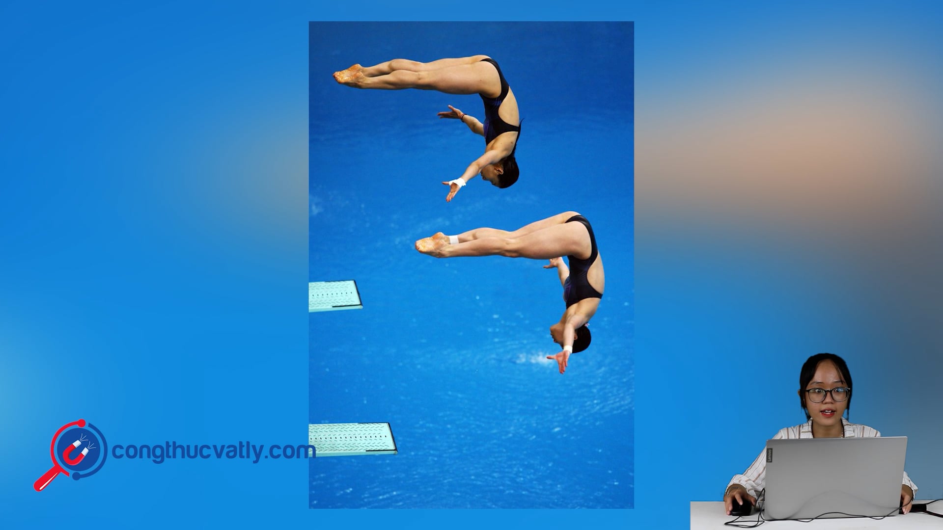 Pool Diving là bộ môn nhảy cầu từ trên cao. Một nữ vận động viên đã thực hiện cú nhảy theo phương ngang với tốc độ đầu là 3 m/s từ độ cao 10 m và biểu diễn các động tác trong quá trình rơi trước khi chạm mặt nước.