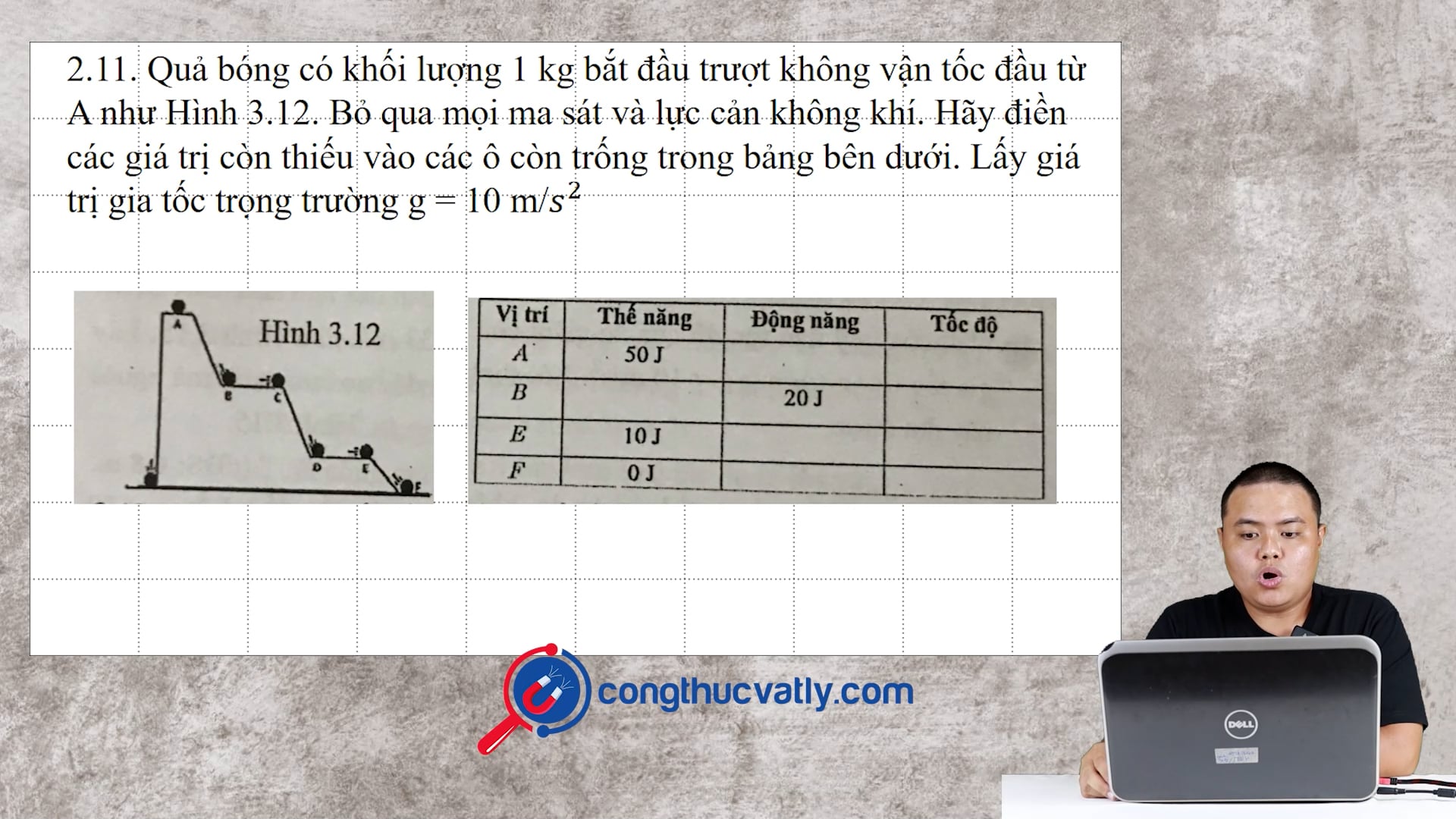 Quả bóng có khối lượng 1 kg bắt đầu trượt không vận tốc đầu từ A như Hình 3.12.